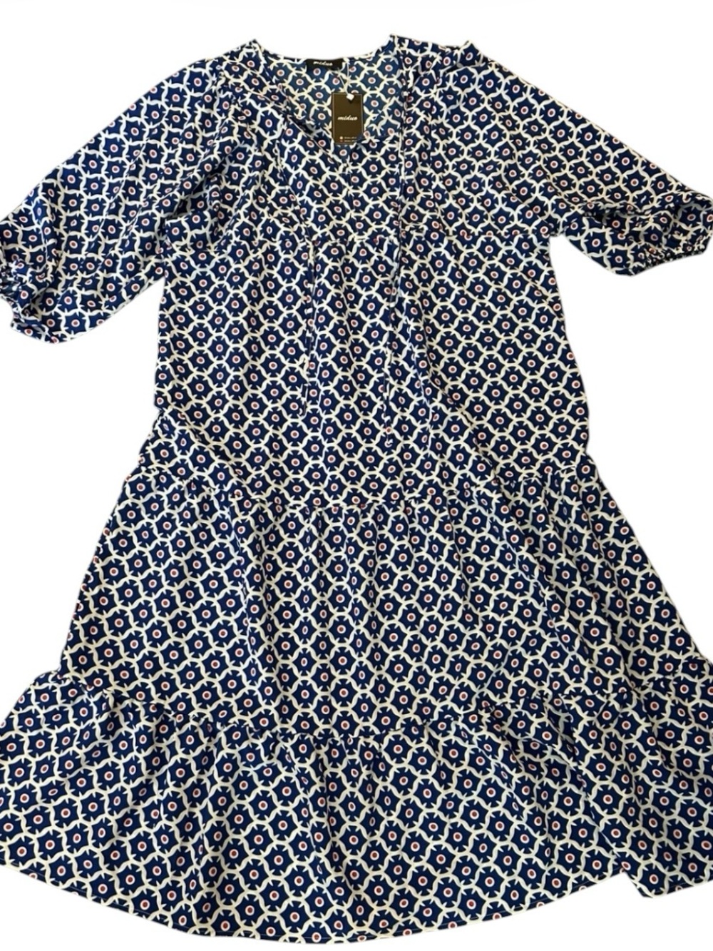 Women’s Miduo Navy Geometric Tiered Midi Dress Sz XL NWT
